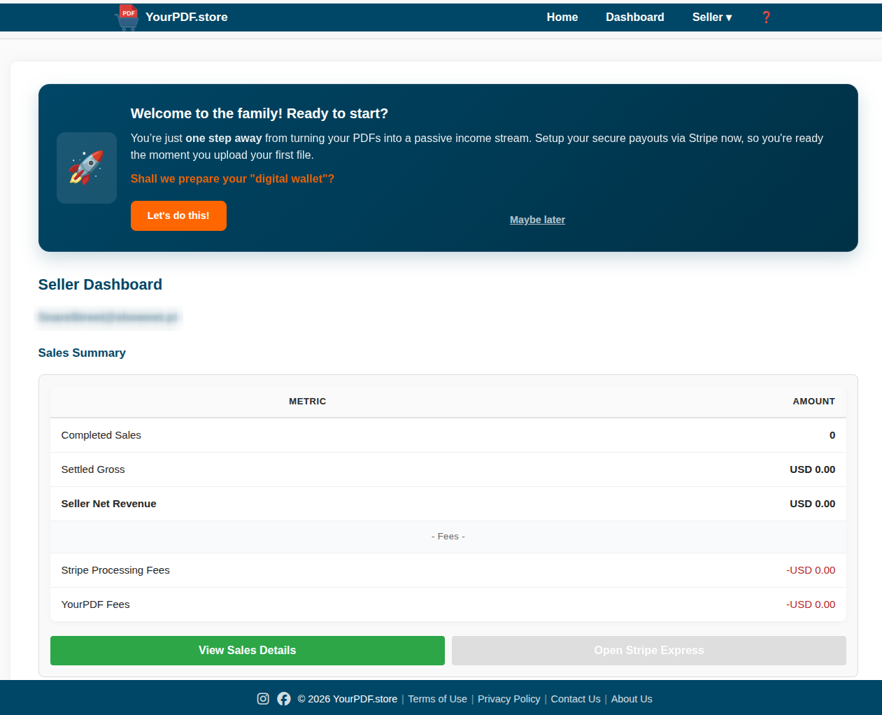 New YourPDF.store seller dashboard with Stripe setup banner