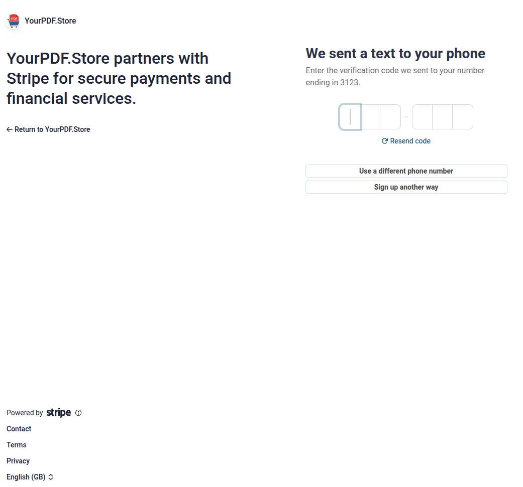 Stripe phone verification during YourPDF.store seller onboarding