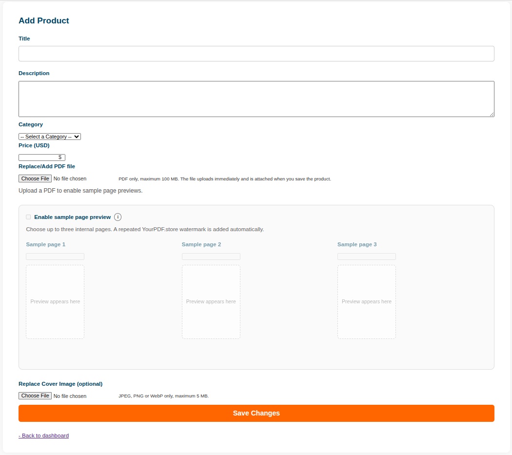 YourPDF.store Add Product form