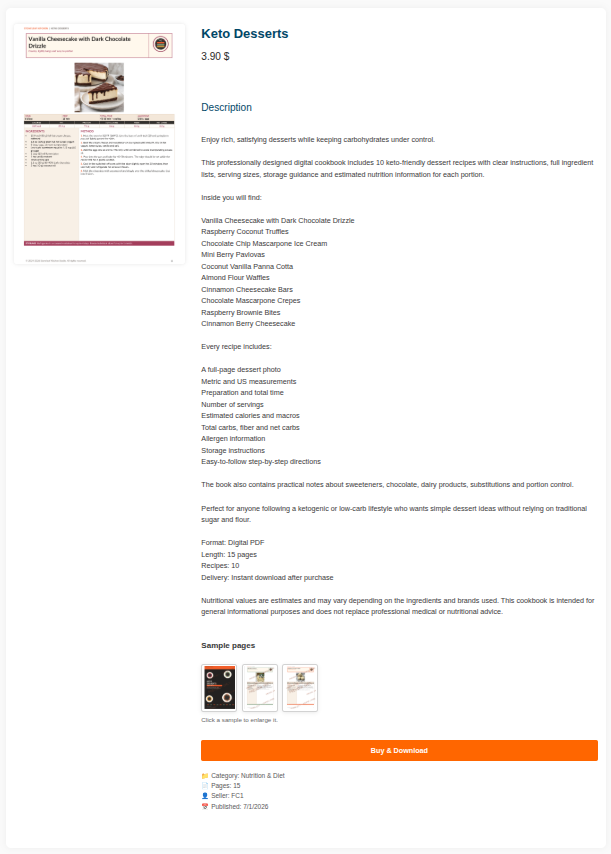 Public YourPDF.store product page with description and sample pages