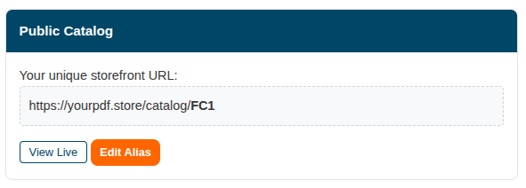 YourPDF.store public seller catalog URL and Edit Alias button