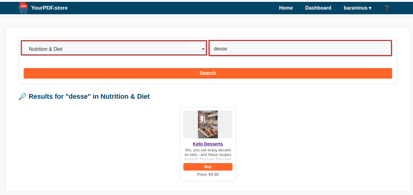 YourPDF.Store buyer interface showing category selection and keyword search for digital PDF products