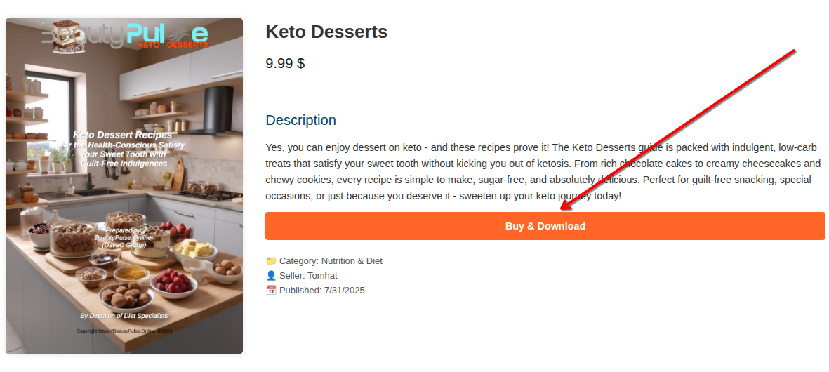 Digital product purchase page on YourPDF.Store featuring PDF details and prominent Buy button for secure checkout