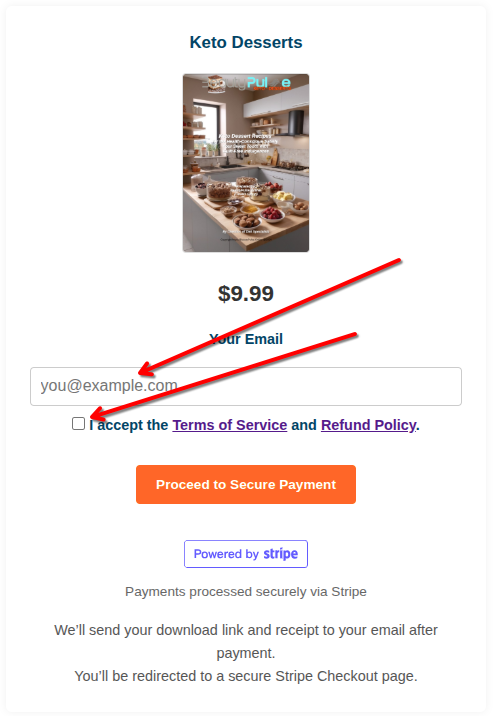Pre-purchase page on YourPDF.Store collecting buyer email for PDF delivery and requiring Terms of Service acceptance