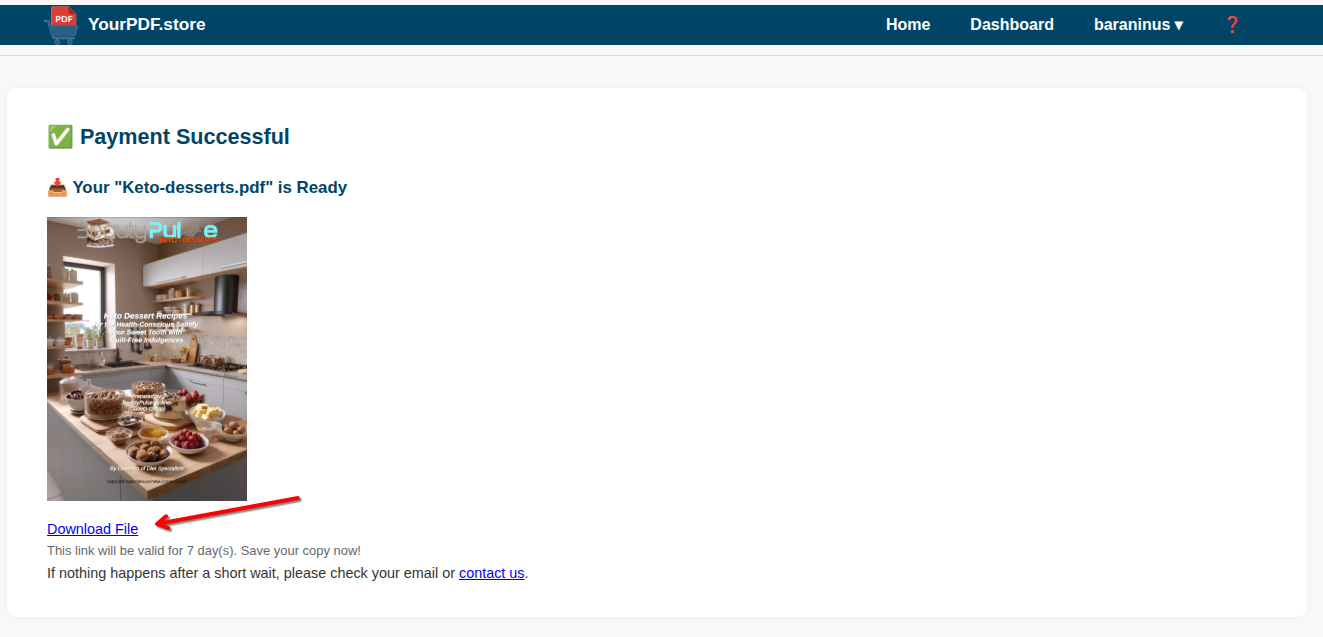 YourPDF.Store success page showing download link for purchased digital PDF after Stripe payment completion