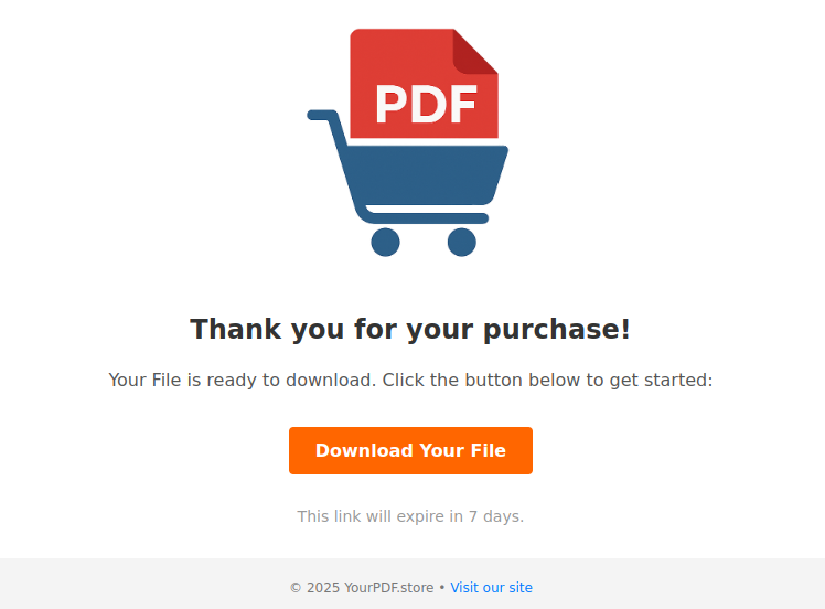 Confirmation email from YourPDF.Store showing download link for purchased digital PDF and instructions for future access